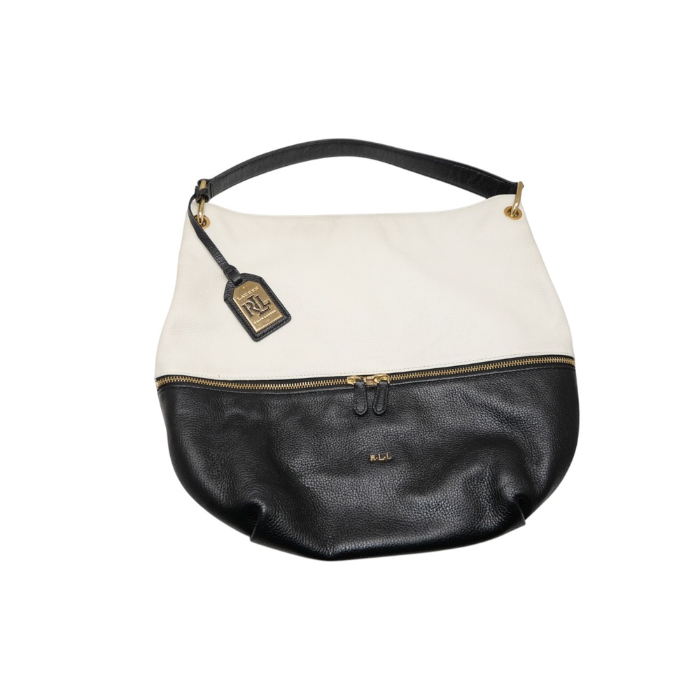 Lauren Ralph Lauren Black White Pebbled Leather Colorblock Hobo Shoulder Bag